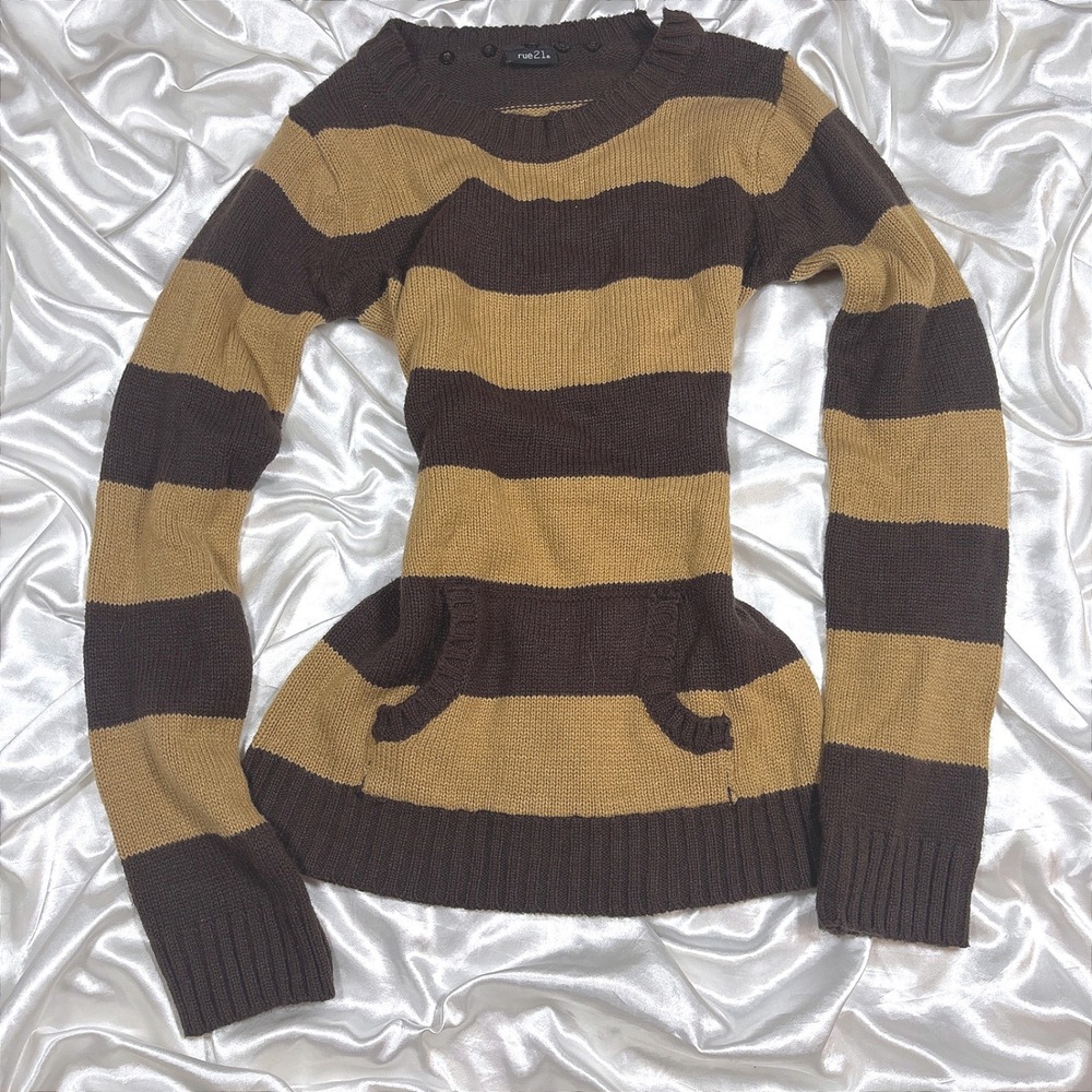 y2k Sweater Brown Excellent Striped Rue21 Long Sleeve Kangaroo Pocket Button